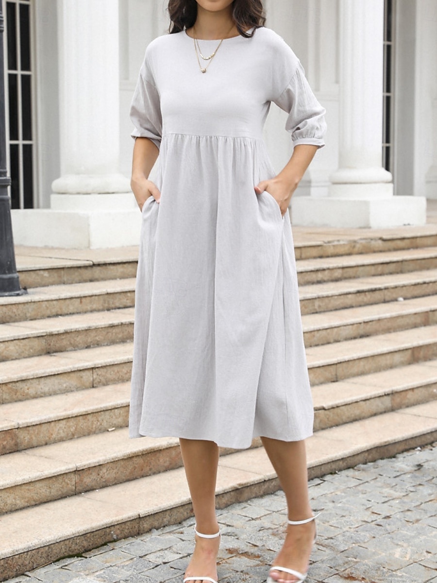 Women's Midi Dress Casual Dress A Line Dress Stylish Basic Casual Vacation Daily Regular Fit Plain 3/4 Length Sleeve Crew Neck White Green Summer Spring 2025 - $25.99 –P4