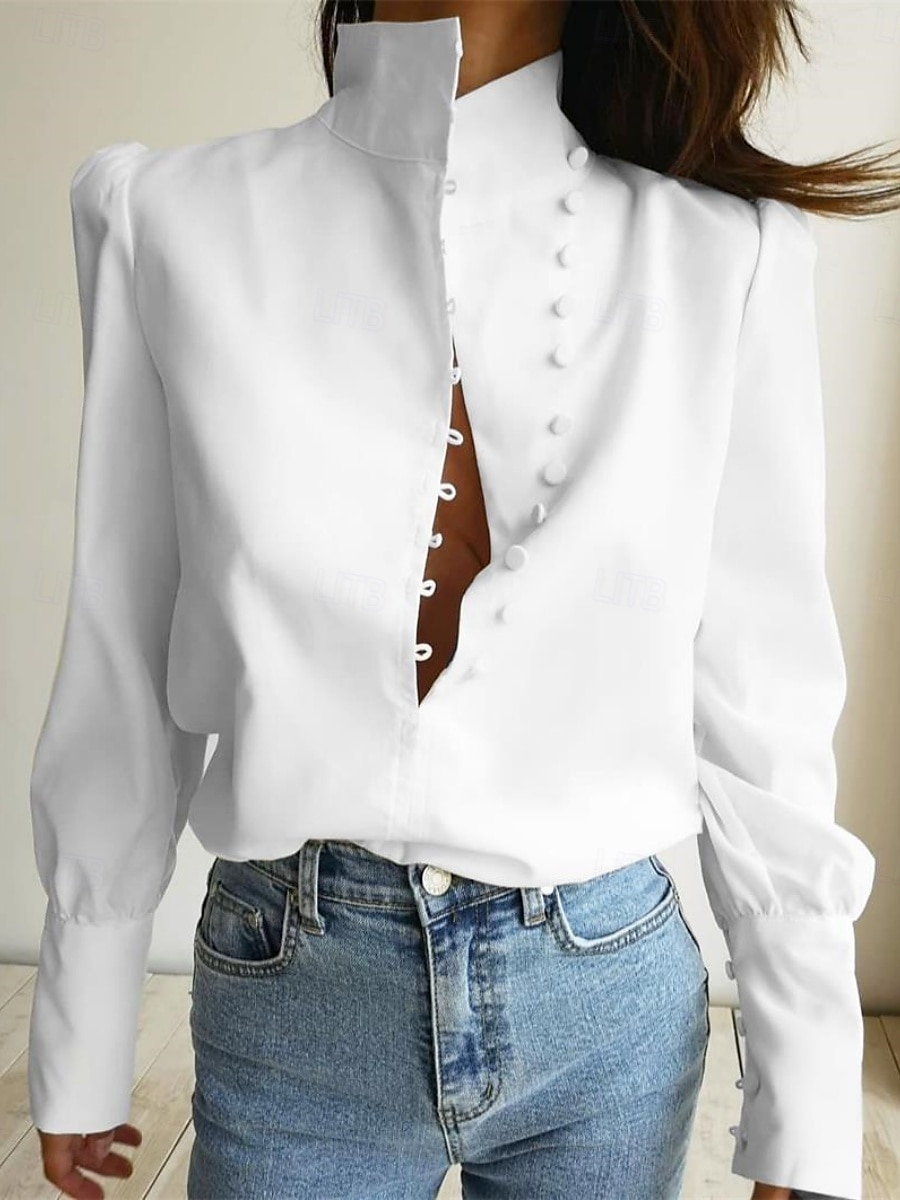 Dame Skjorte Bluse Helfarge Stilfull Fritid Langermet Høyhalset Vanlige topper Daglig Knapper Hvit Sommer Vår 2025 - $39.99 –P1