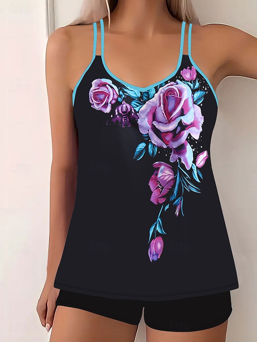 Dam Badkläder Bikini 2 st Pojkeben Baddräkt Öppen rygg Smal Semester Standkläder Blommig U-hals Ärmlös Baddräkter 2025 - $29.99 –P6