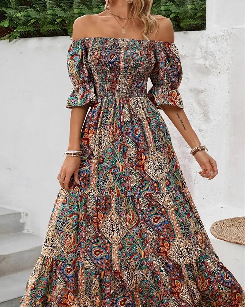 Dámské Dlouhé šaty Maxi šaty Áčkové šaty Letní šaty Boho šaty Elegantní Čechy stylové Dovolená Denní Rande Běžný Grafika Krátký rukáv Pod rameny Oranžová Trávová zelená Tmavomodrá Léto 2025 - $28.99 –P3