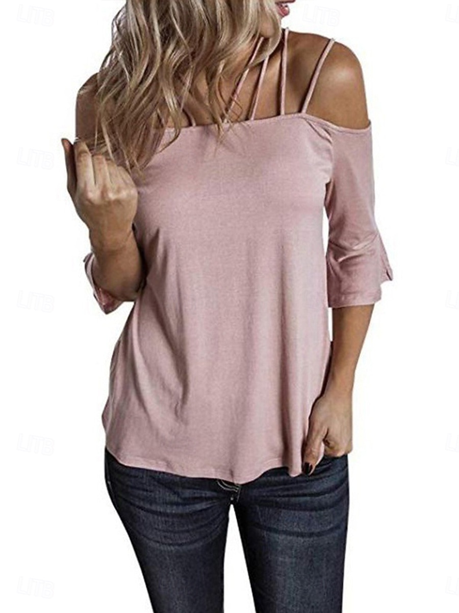 Γυναικεία Μπλουζάκι Σκέτο Μοντέρνα Καθημερινό Μακρυμάνικο Ώμοι Έξω Κανονικά μπλουζάκια Καθημερινά Σαββατοκύριακο Λευκό Ανθισμένο Ροζ Γκρίζο Καλοκαίρι Άνοιξη Φθινόπωρο 2026 - $23.99 –P1