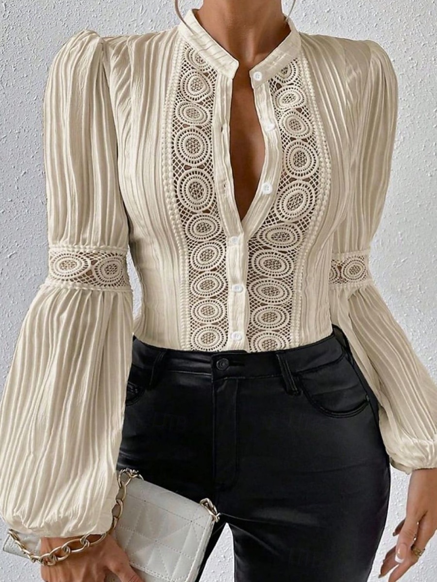 Damskie Koszula Koszula Boho Bluzka Koronka Niejednolita całość Guziki Jednokolorowe Elegancki Codzienny Długi rękaw Wysoki Zwykłe topy Codzienny Biały Beżowy Lato Wiosna 2026 - $37.99 –P3