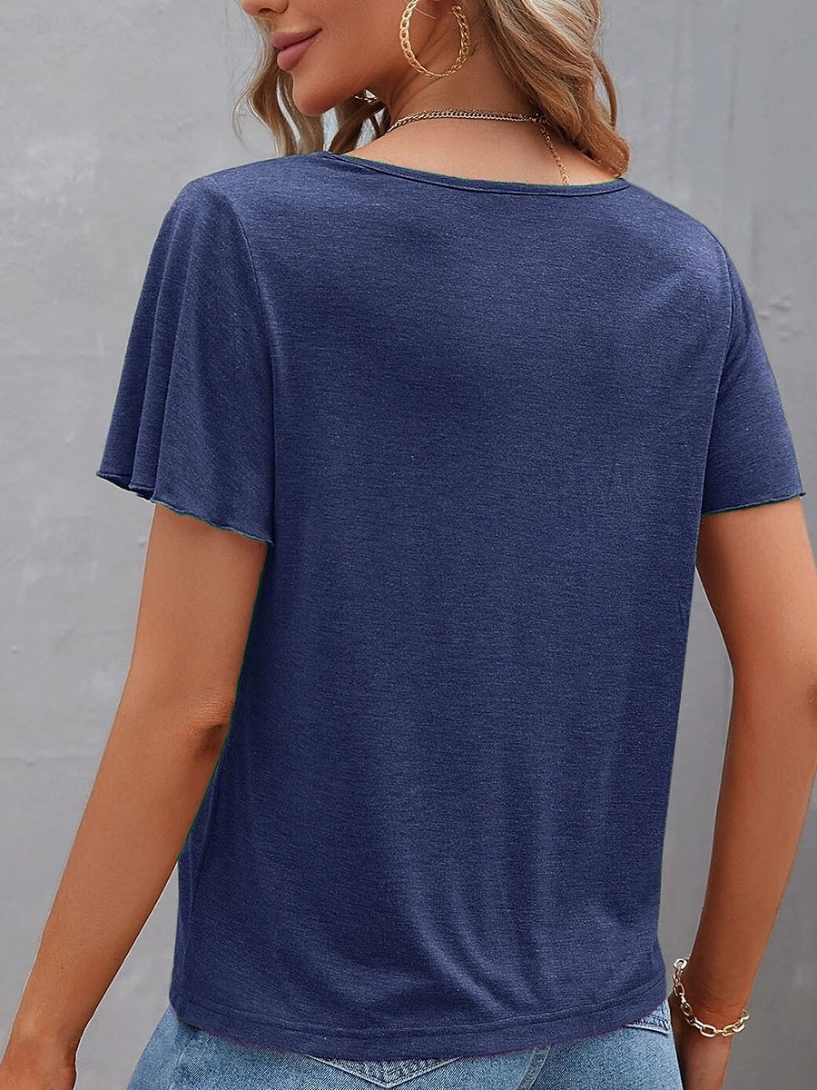 Femme T shirt Plein Mode Moderne Décontractées Manche Courte Col V Hauts réguliers du quotidien Fin de semaine Noir Vert Véronèse bleu marine Violet Eté Printemps de 2025 ? $21.99 –P11