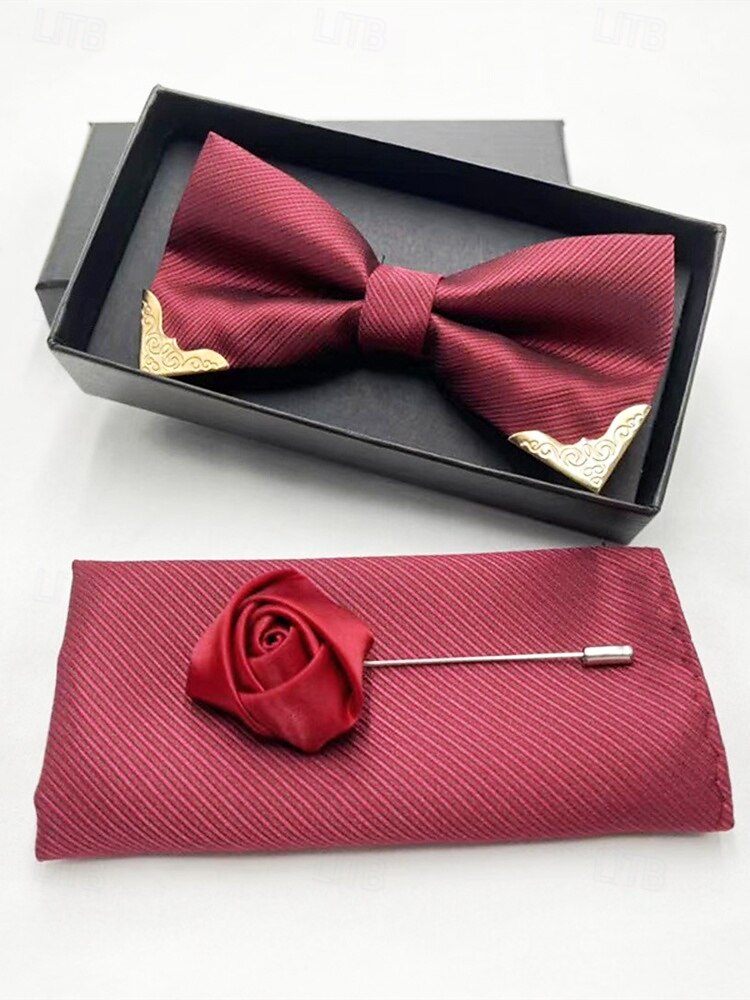 conjunto de gravata borboleta masculina bordô com design com ponta dourada, lenço de bolso e broche de lapela rosa – acessórios elegantes para casamentos, festas e ocasiões formais de 2025 por $11.99 –P2