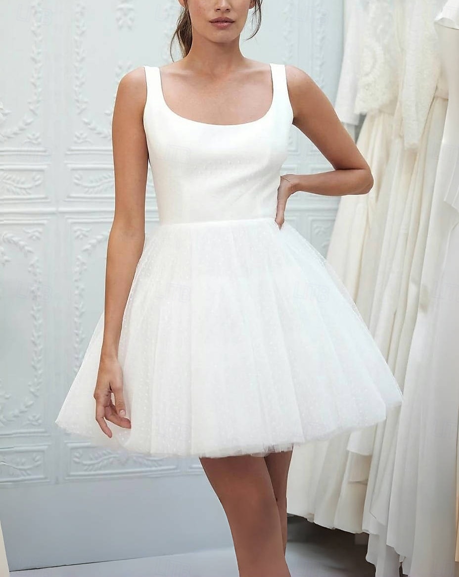 Abiti bianchi da fidanzamento  piccola laurea abiti da sposa A-Line scollatura a cuore senza maniche corto  mini satinato abiti da sposa con drappeggiature del 2025 a $155.99 –P1