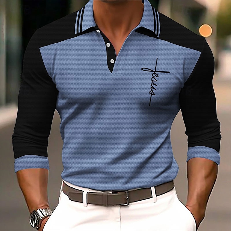 Men's Faith Polo Shirts Golf Shirt Long Sleeve Polo Shirts Collared Shirts WorkWear Formal Wear Festival Wear Buttons 3D Print Fall & Winter Blue Purple Orange 2025 - $23.99 –P4