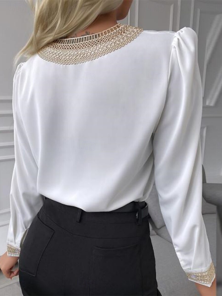 Dames Overhemd Blouse Effen Kleur Stijlvol Casual Lange mouw V-hals Normale tops Dagelijks Kant Lapwerk Zwart Wit Zomer Lente Herfst 2025 - $29.99 –P2