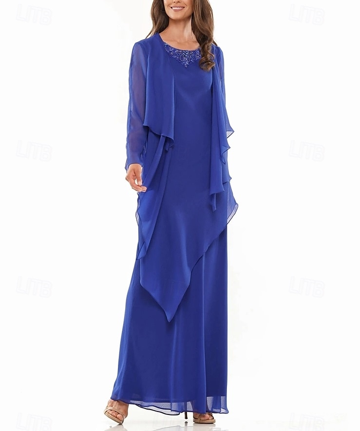 A-Linie Kleid Kleid Sets Brautmutter Kleid Elegant Einfach Rundhalsausschnitt Bodenlang Chiffon Langärmel mit Perlen tierende Rüschen 2025 2025 - $155.99 –P1