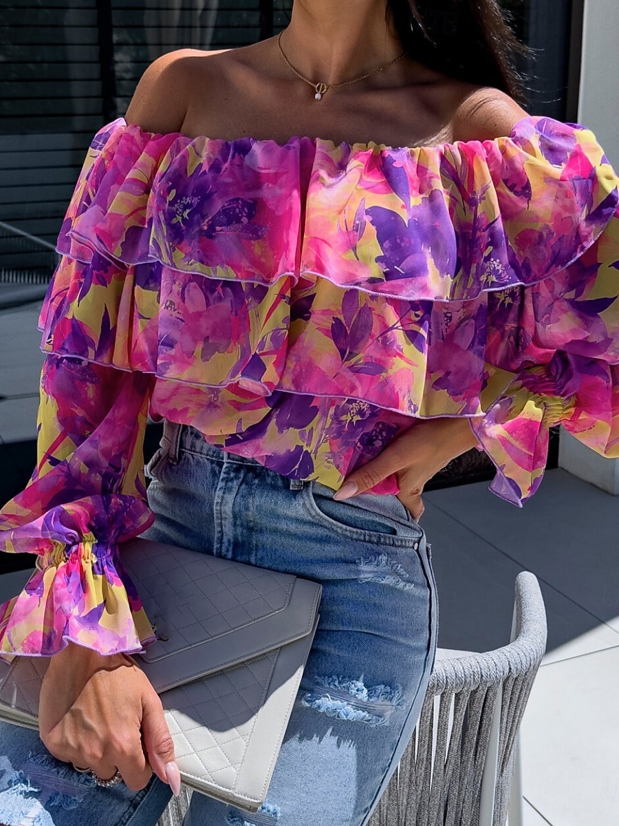 Per donna Camicia Blusa Floreale A foglia Moda Informale Manica lunga Senza spalline Top regolari Giornaliero Con balze Stampa Giallo Rosa Viola Verde Estate Primavera del 2025 a $27.99 –P3