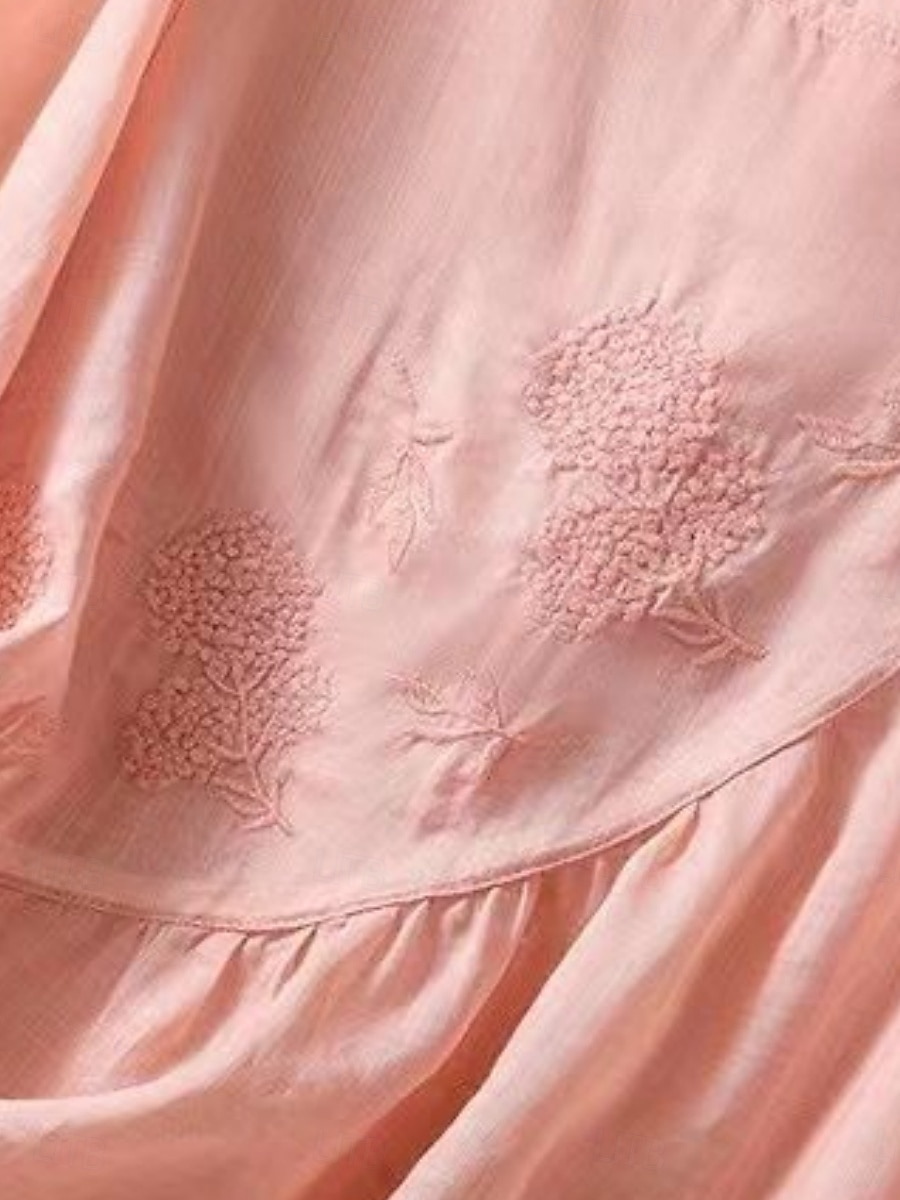Dame Skjorte Bluse Skjorter i bomullslin Helfarge Grunnleggende Fritid 3/4 ermer Crew-hals Vanlige topper Daglig Broderi Hvit Rosa Blå Kakifarget Sommer Vår 2025 - $21.99 –P11