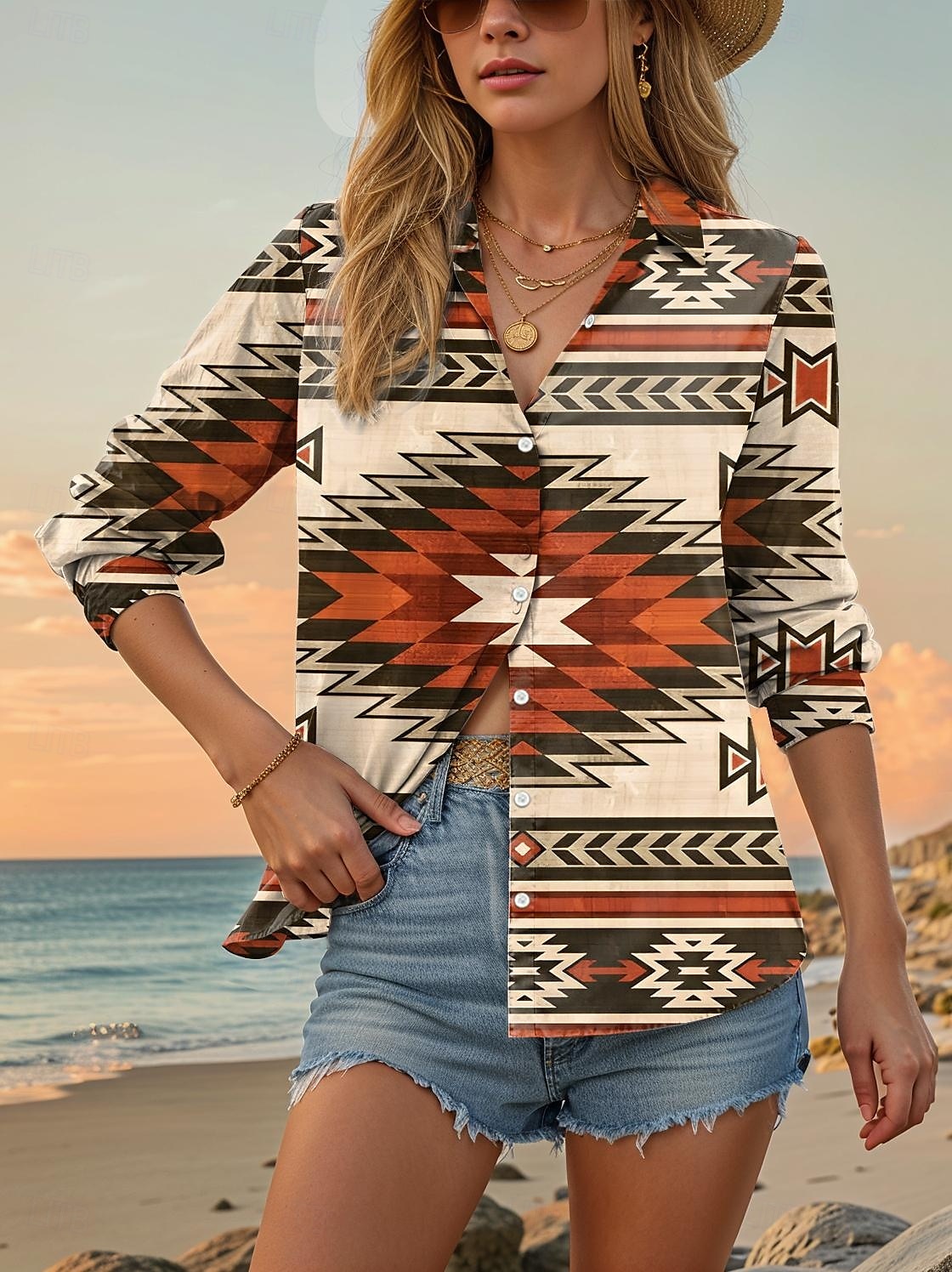 Women's Shirt Geometric Casual Long Sleeve Shirt Collar Regular Tops Daily Buttons Print Brown Spring Fall 2025 - $32.99 –P1
