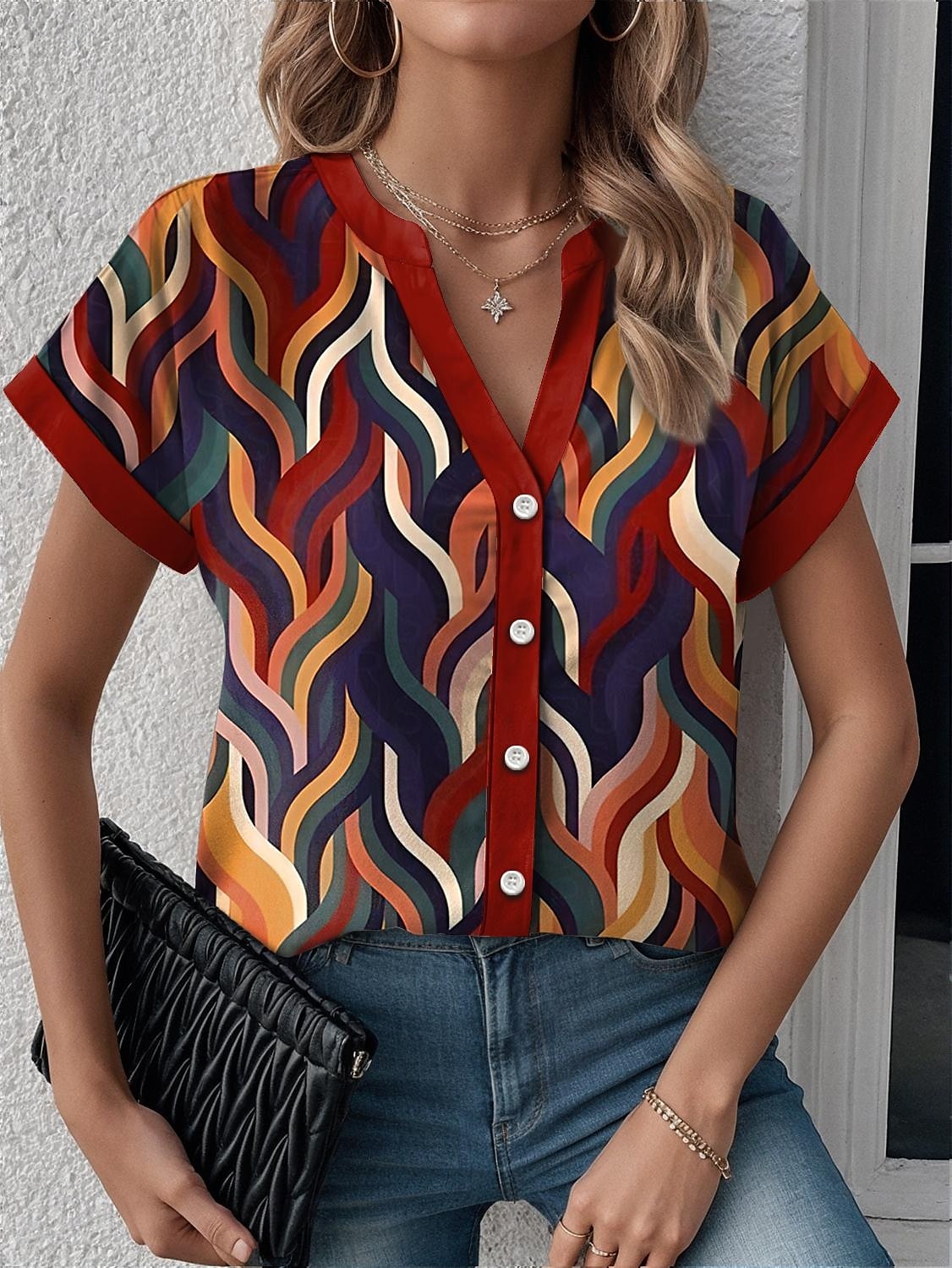 Frauen Hemd Geometrisch Farbblock Modern Lässig Kurzarm Ausgeschnittene Hals Regular Tops Arbeit Alltag Knopf Druck Rot Sommer Frühling 2025 - $29.99 –P1