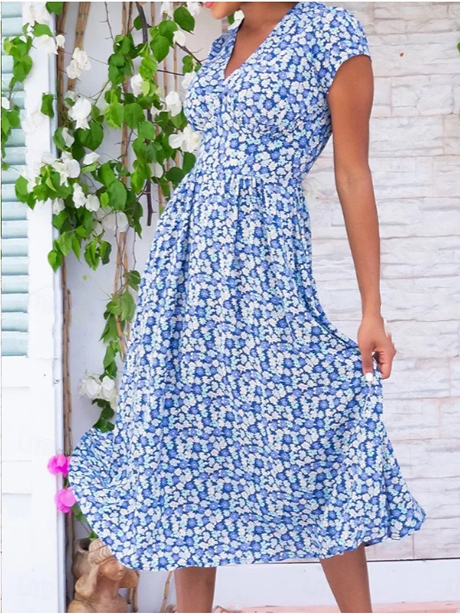 női munkaruha alkalmi ruha vonalas ruha elegáns irodai napi munkadivat midi ruha zseb v nyak rövid ujjú virágos szabályos szabás sárga piros kék nyári tavaszi s m l xl 2xl 2025 - $25.99 –P4