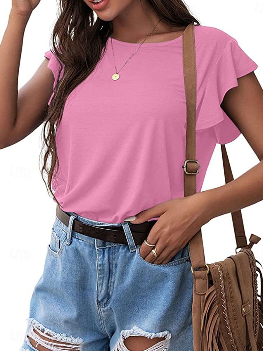 Women's T Shirt Plain Fashion Modern Casual Short Sleeve Crew Neck Regular Tops Daily Weekend Ruffle Black Pink Gray Summer Spring 2025 - $21.99 –P7