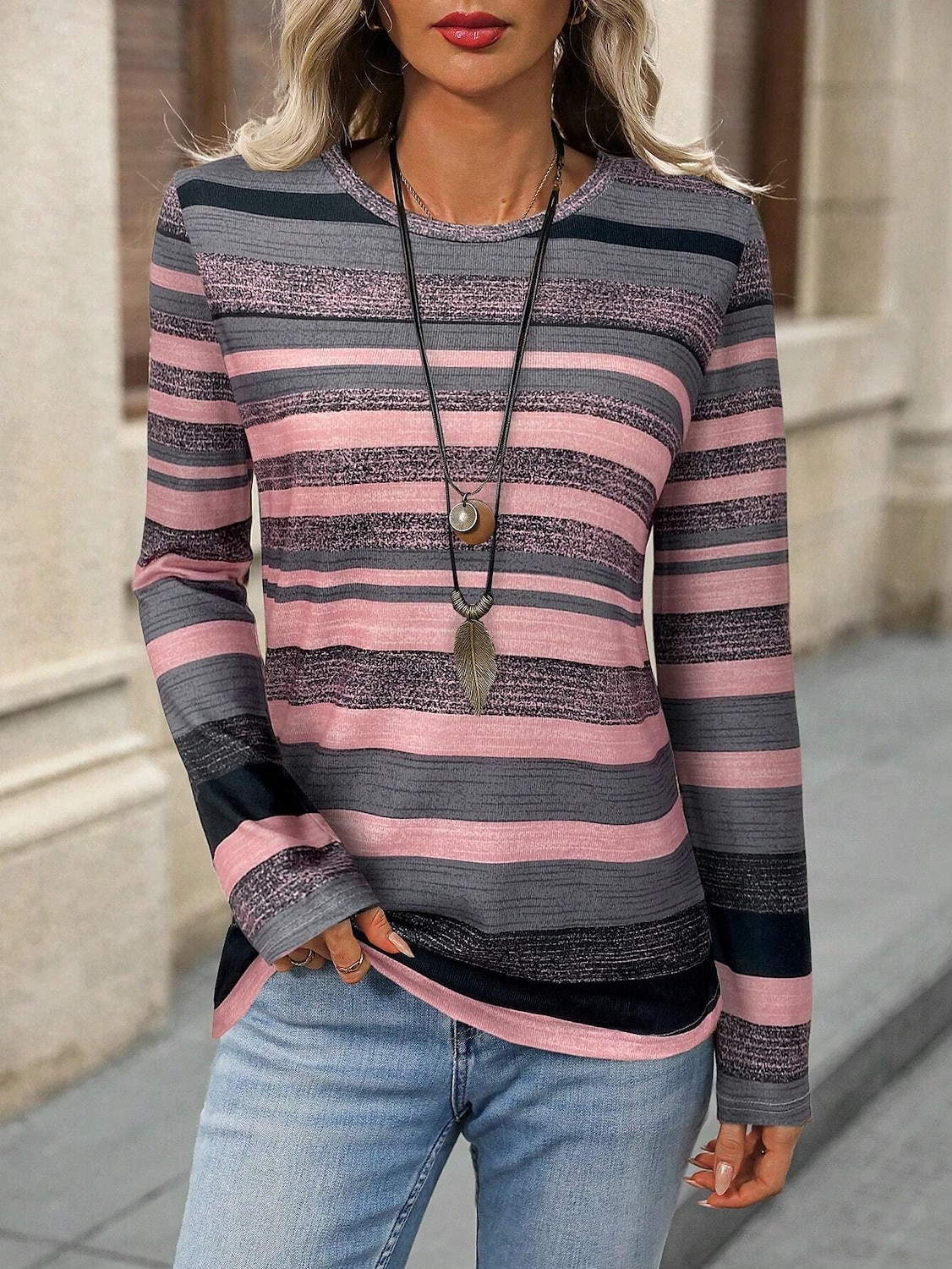 Women's T Shirt Striped Casual Long Sleeve Crew Neck Regular Tops Daily Print Pink Spring Fall 2025 - $22.99 –P1