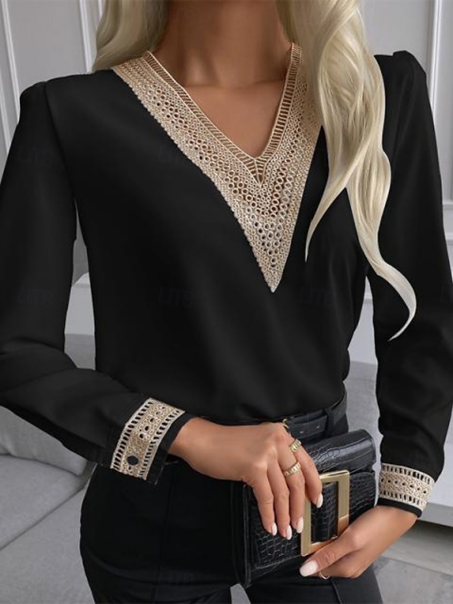 Dames Overhemd Blouse Effen Kleur Stijlvol Casual Lange mouw V-hals Normale tops Dagelijks Kant Lapwerk Zwart Wit Zomer Lente Herfst 2025 - $29.99 –P4