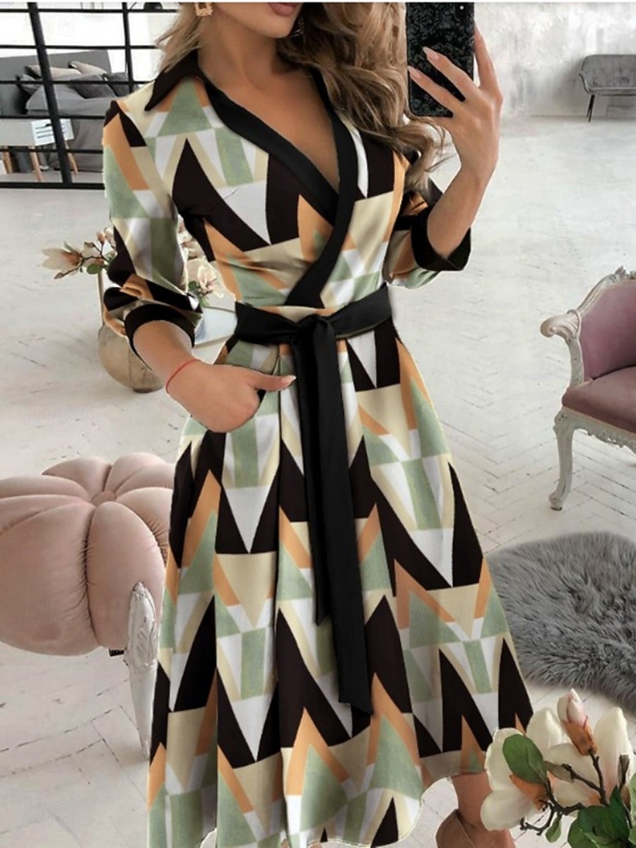 Per donna Vestito longuette Abito casual Abito linea A Moda Informale Da mare Giornaliero Standard Pop art Fantasia geometrica Manica a 3/4 A V Nero Bianco Blu Verde Estate del 2026 a $24.99 –P6