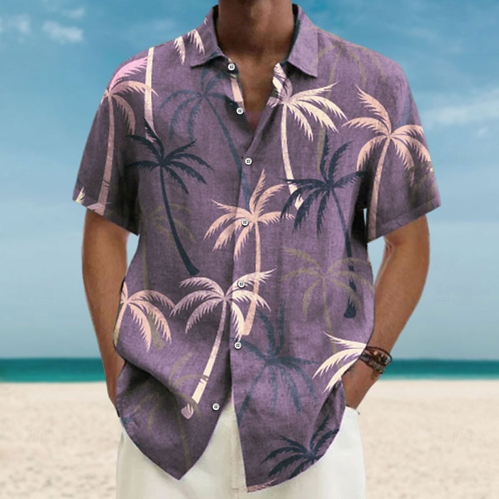 Voor heren Kokosnootboom Tropische planten Overhemd Hawaiiaans overhemd Aloha-shirt Korte Mouw Overhemd Strijkijzer Modieus Streetwear Ontwerper Buiten Straat Casual blauw Paars Bruin S M L 2025 - $24.99 –P4
