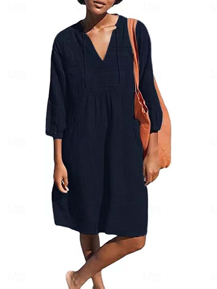 Femmes Robe Midi Robes en coton et lin Robe Décontractée Basique Occasionnel Vacances Quotidien Coupe régulière Uni Manche 3/4 Col en V Noir Blanche Vert Claire Bleu clair Été de 2025 ? $32.99 –P8