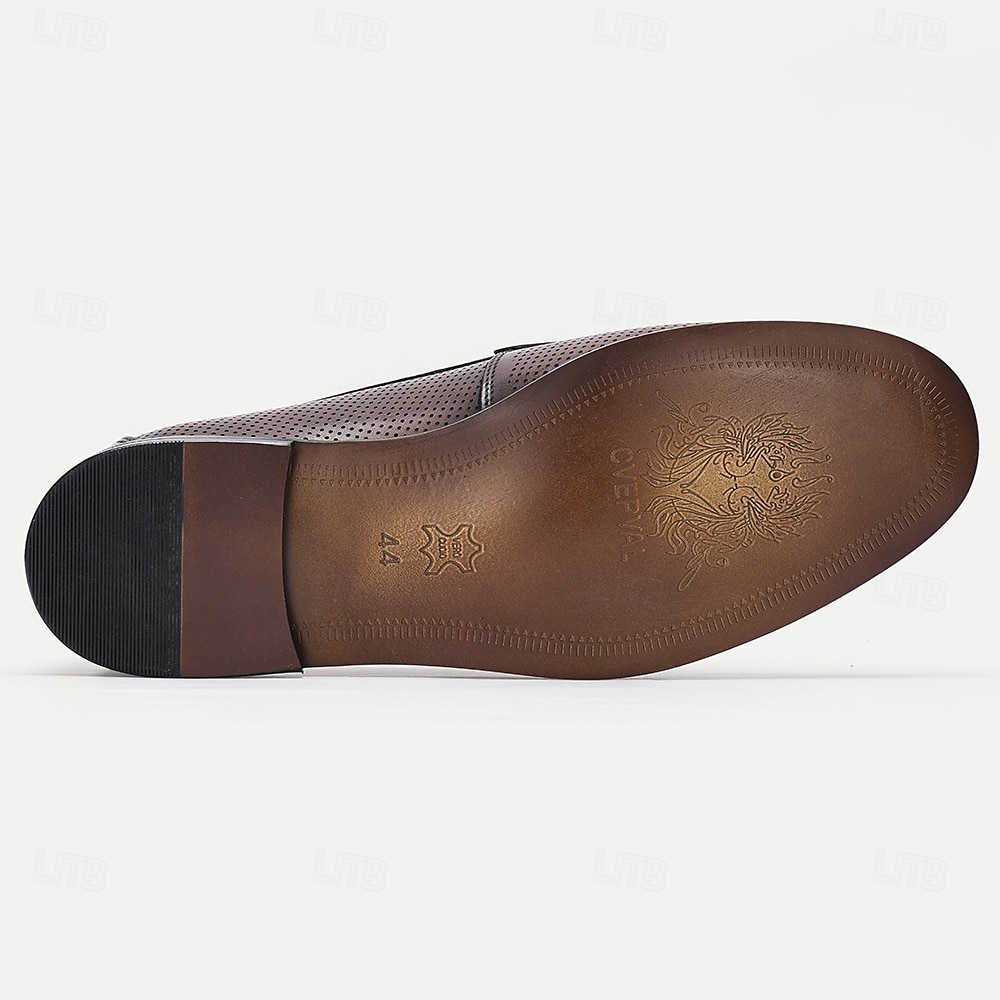 Men's Perforated Brown Leather Loafers – Premium Cowhide, Metal Buckle Decoration, Breathable Business Casual Shoes for Office and Formal Events 2025 - $94.99 –P5