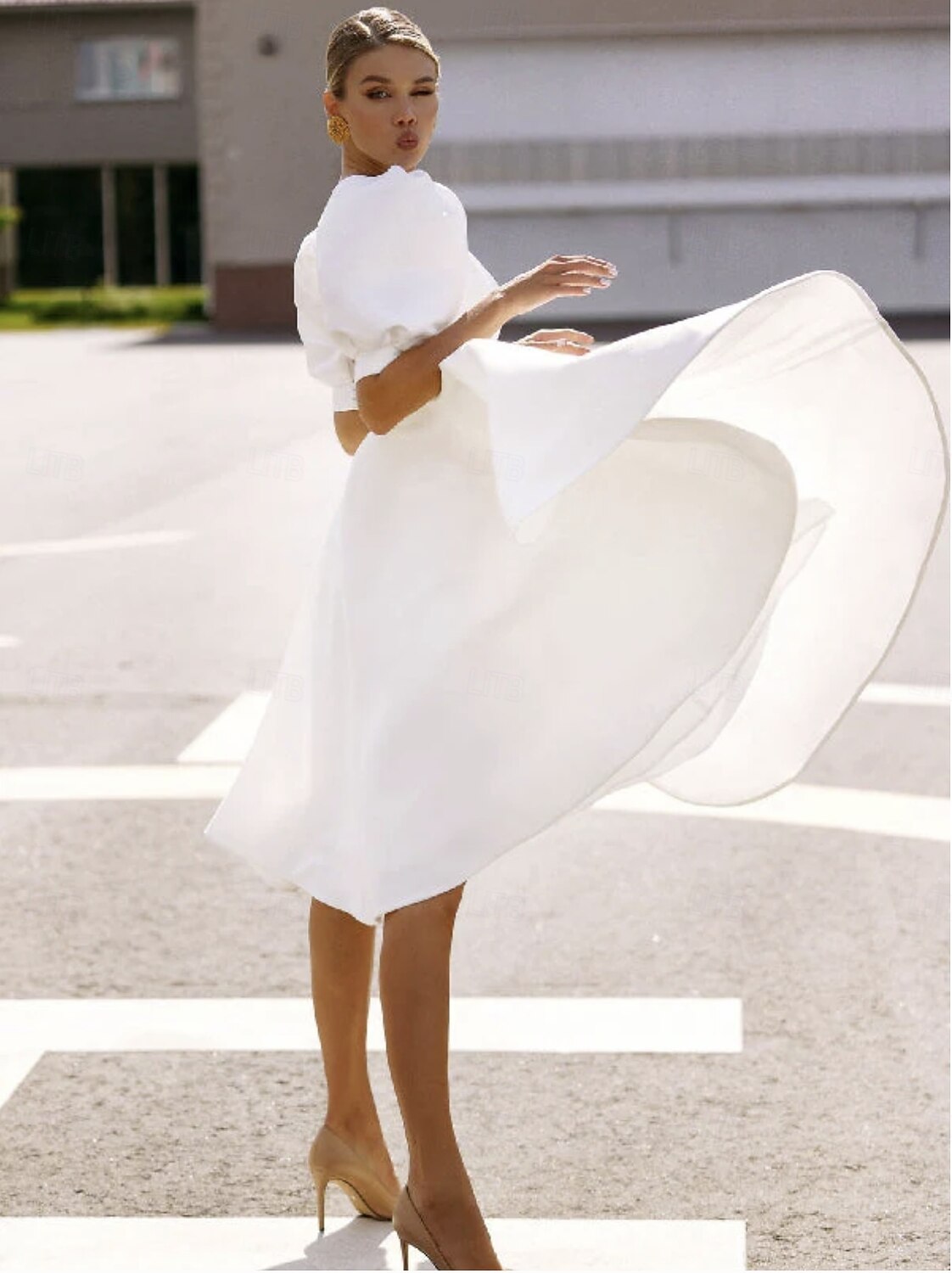 Vestidos blancos para compromisos vestidos de boda en A escote barco manga  corta longitud de té vestidos de novia de satén con cinta lazo 2025 -  €160.99, image size:1122x1500