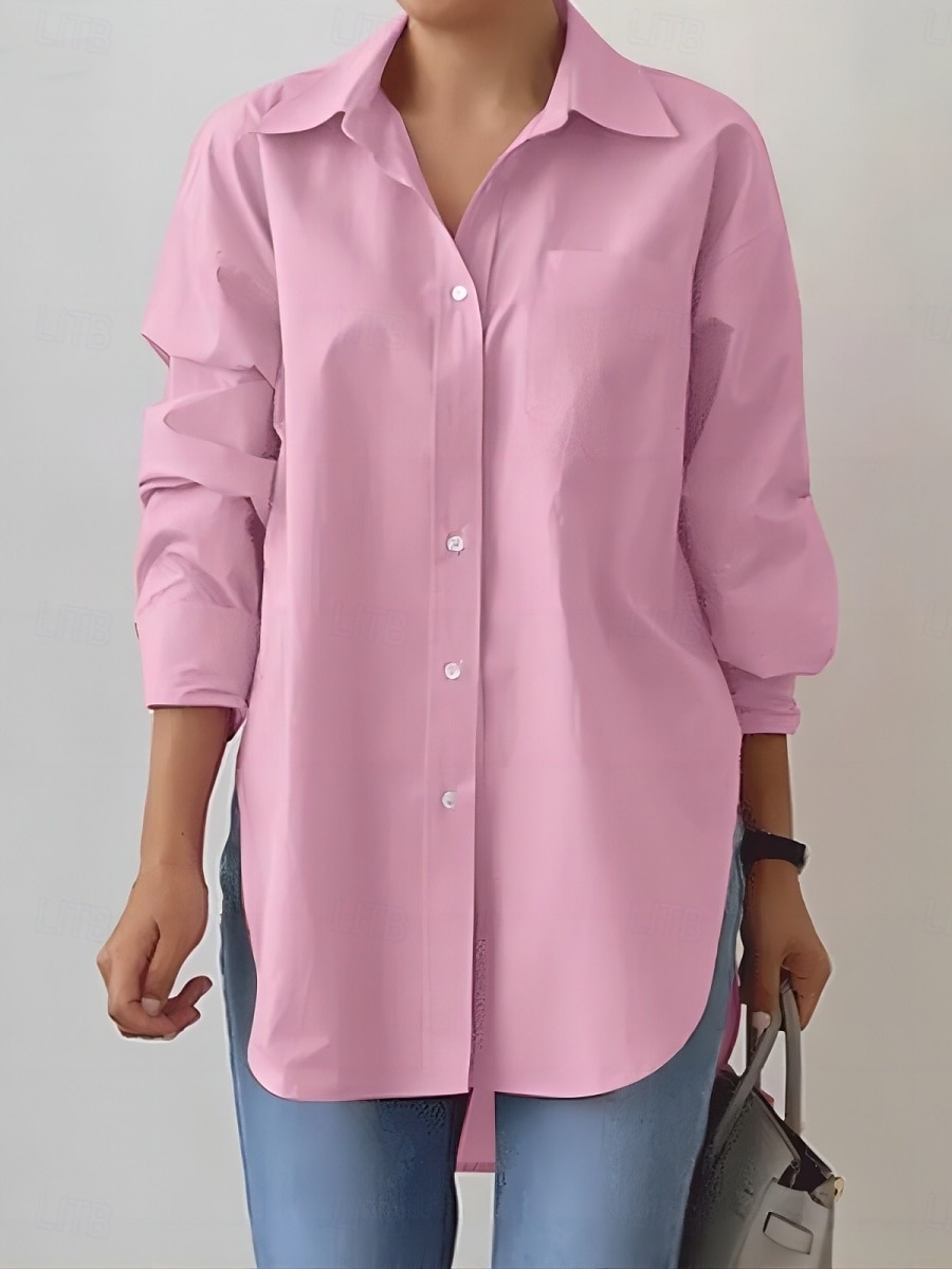 Dame Skjorte Bluse Helfarge Stilfull Fritid Langermet Skjortekrage Vanlige topper Daglig Knapper Hvit Rosa Kakifarget Sommer Vår 2025 - $29.99 –P4
