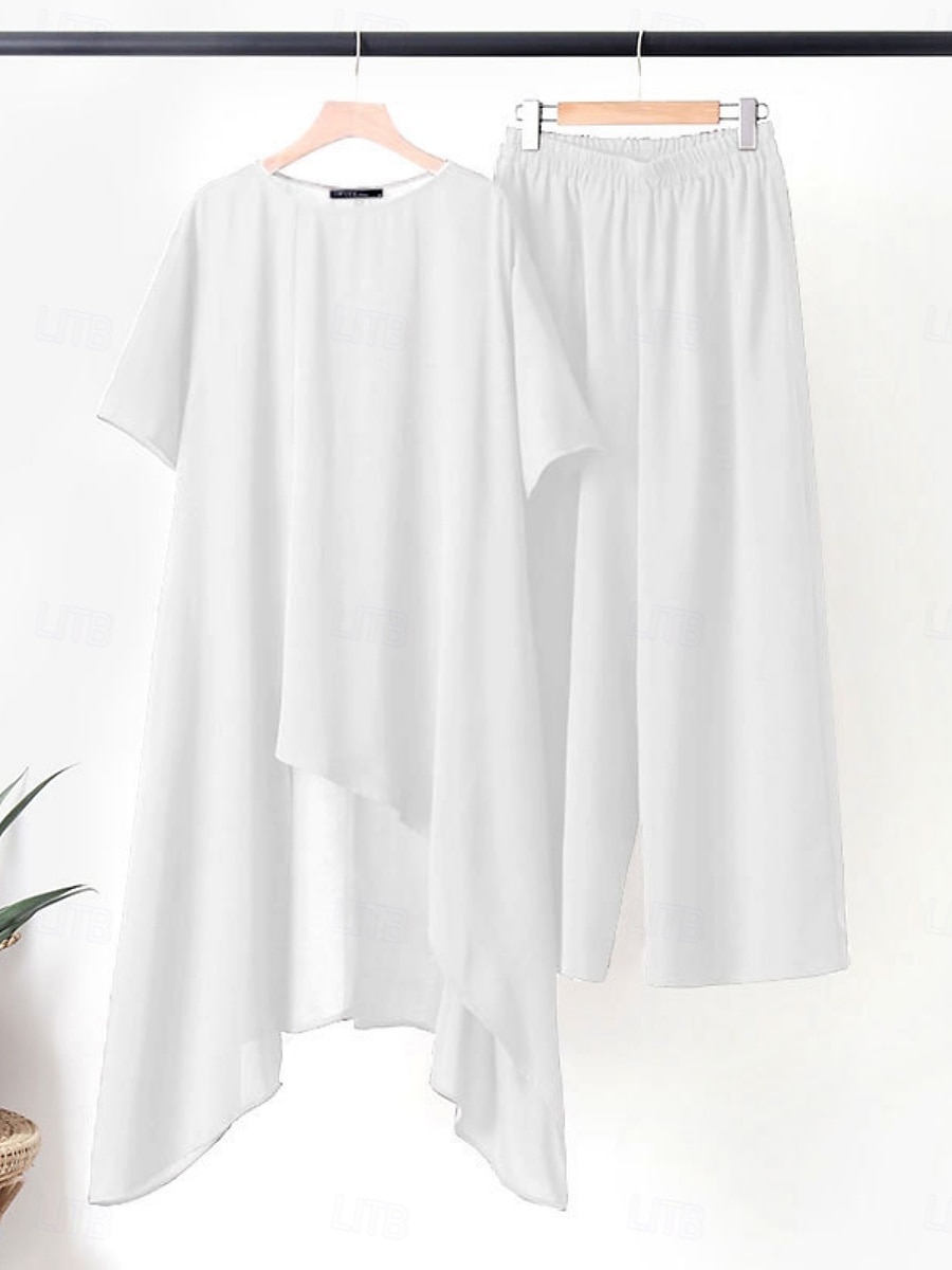 Per donna Moda Streetwear Quotidiano Camicia Set ispirati al lino Set da due pezzi Pantaloni a Gamba Larga Manica 3/4 Girocollo Semplice Casuale Quotidiano Nero Bianco Verde militare Primavera del 2025 a $35.99 –P3