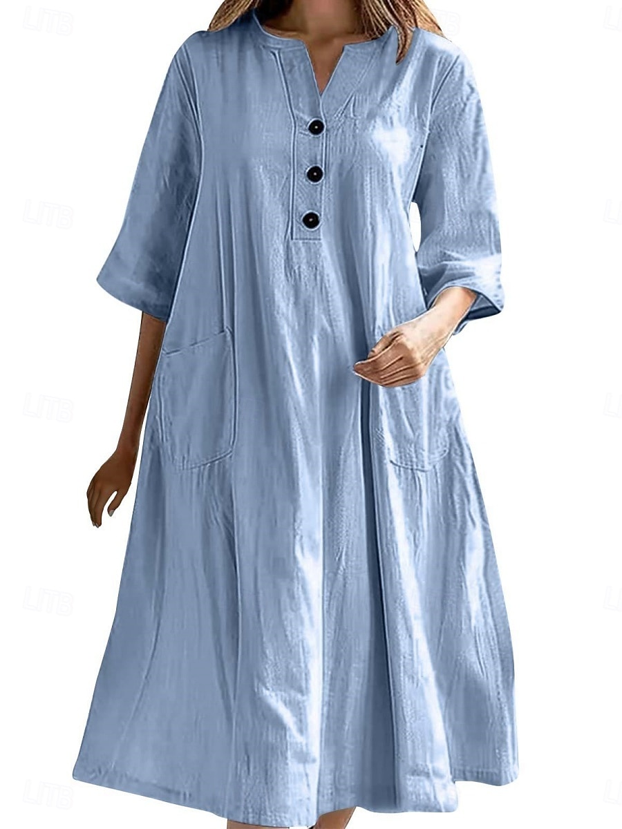 Women's Midi Dress Cotton Linen Dresses Basic Casual Vacation Daily Regular Fit Plain 3/4 Length Sleeve Notched Neck Black Red Purple Light Blue Summer 2025 - $22.99 –P5