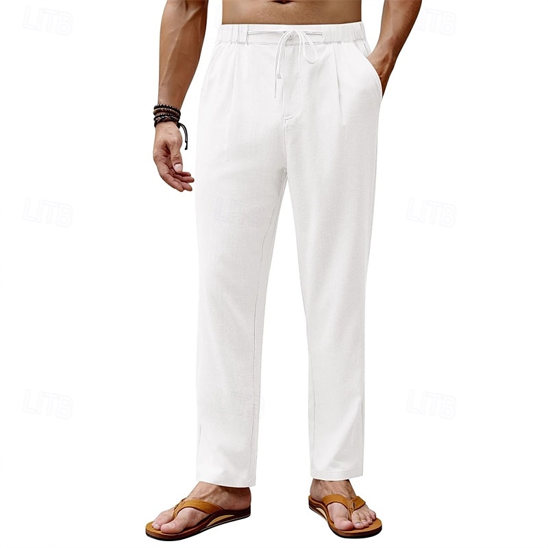 Men's Linen Pants Trousers Summer Pants Beach Pants Drawstring Elastic Waist Straight Leg Plain Comfort Breathable Full Length Daily Holiday Wedding Party Fashion Classic Style Black White 2025 - $20.99 –P5