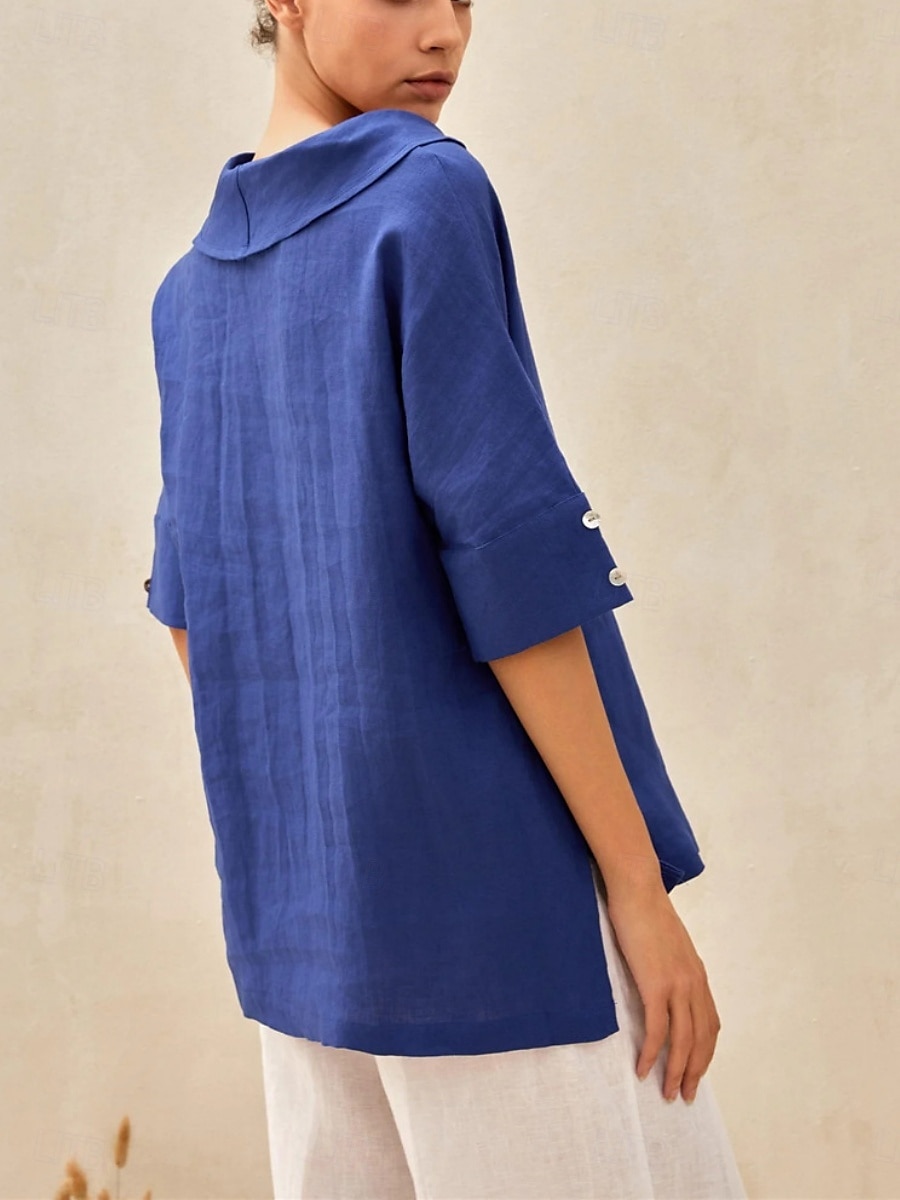 Damen Hemd Bluse Baumwoll-Leinen-Hemden Einfarbig Basic Lässig Dreiviertelarm Mit Kapuze Normale Oberteile Täglich Knöpfe Weiß Blau Sommer 2025 - $29.99 –P4
