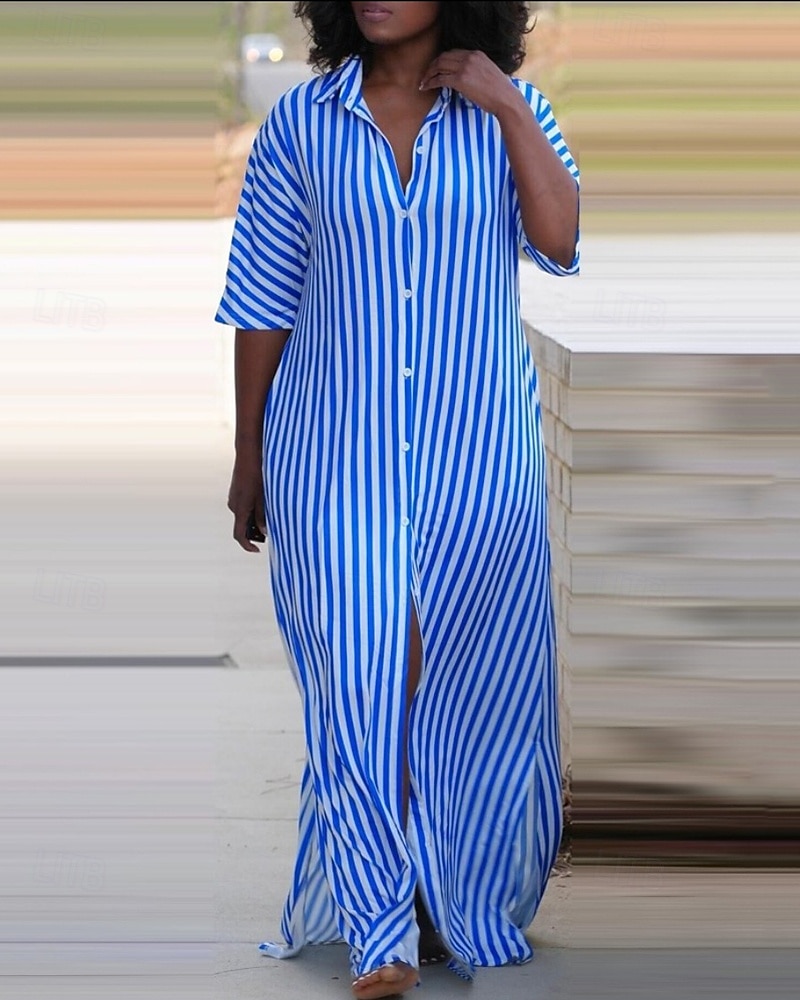 Femme robe longue Robe chemise Robe casual Robe d'été mode Décontractées Vacances du quotidien Rendez-vous Standard marinière Demi Manches Revers Noir Rouge Bleu Vert Eté Printemps de 2025 ? $23.99 –P4