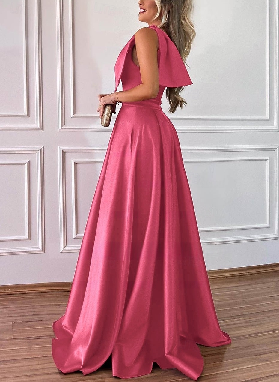 A-Linie Brautjungfernkleid Ein Schulter Ärmellos Elegant Bodenlang Satin mit Schleife(n) 2025 - $171.99 –P2