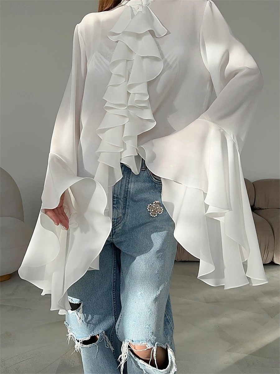 Жен. Рубашка Блуза Оборки Сплошной цвет Элегантный стиль Стиль На каждый день Длинный рукав Вырез под горло Обычные топы Повседневные Офис Праздники Черный Белый Весна Осень Зима 2026 - GBP £28 –P2