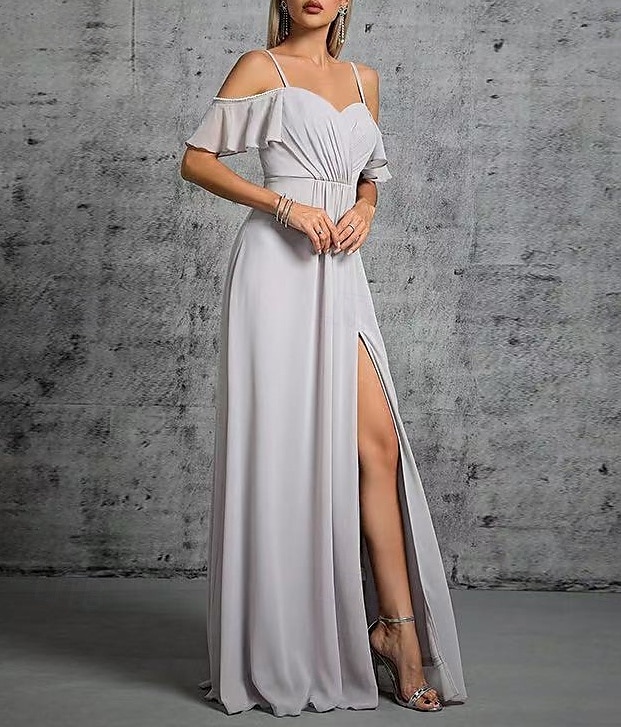 A-Line Bridesmaid Dress V Neck / Sweetheart / Spaghetti Strap Short Sleeve Elegant Floor Length Chiffon / Spandex with Ruffles / Draping / Ruching 2025 - $162.99 –P3