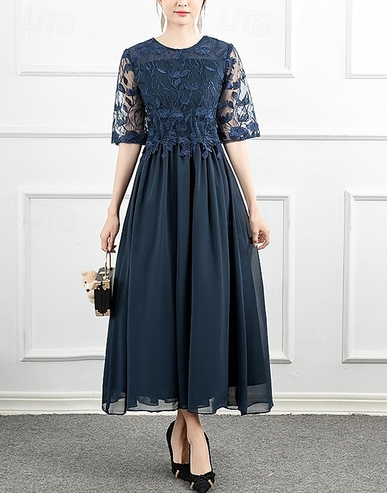 A-Line Dress Mother of the Bride Dress Formal Elegant Sparkle & Shine Jewel Neck Ankle Length Chiffon Long Sleeve with Lace Embroidery Solid Color 2025 2025 - $105.99 –P3