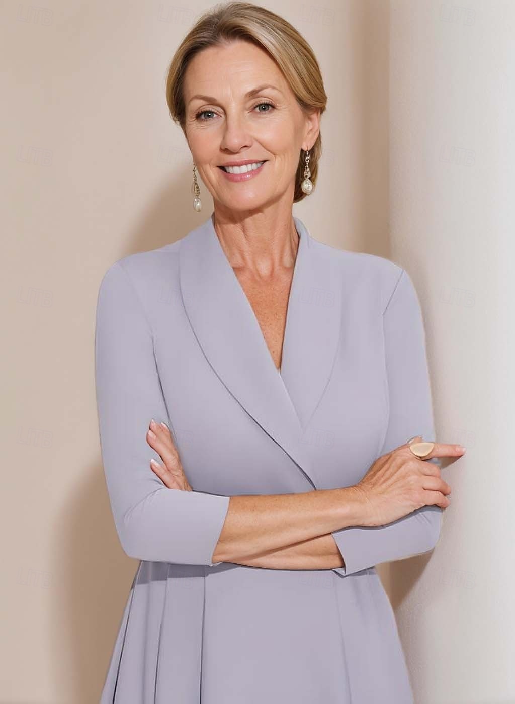 vestido blazer linha a mãe da noiva vestido crepe elegante simples lapela decote comprimento chá cetim manga 3/4 com cor sólida 2025 de 2025 por $169.99 –P6