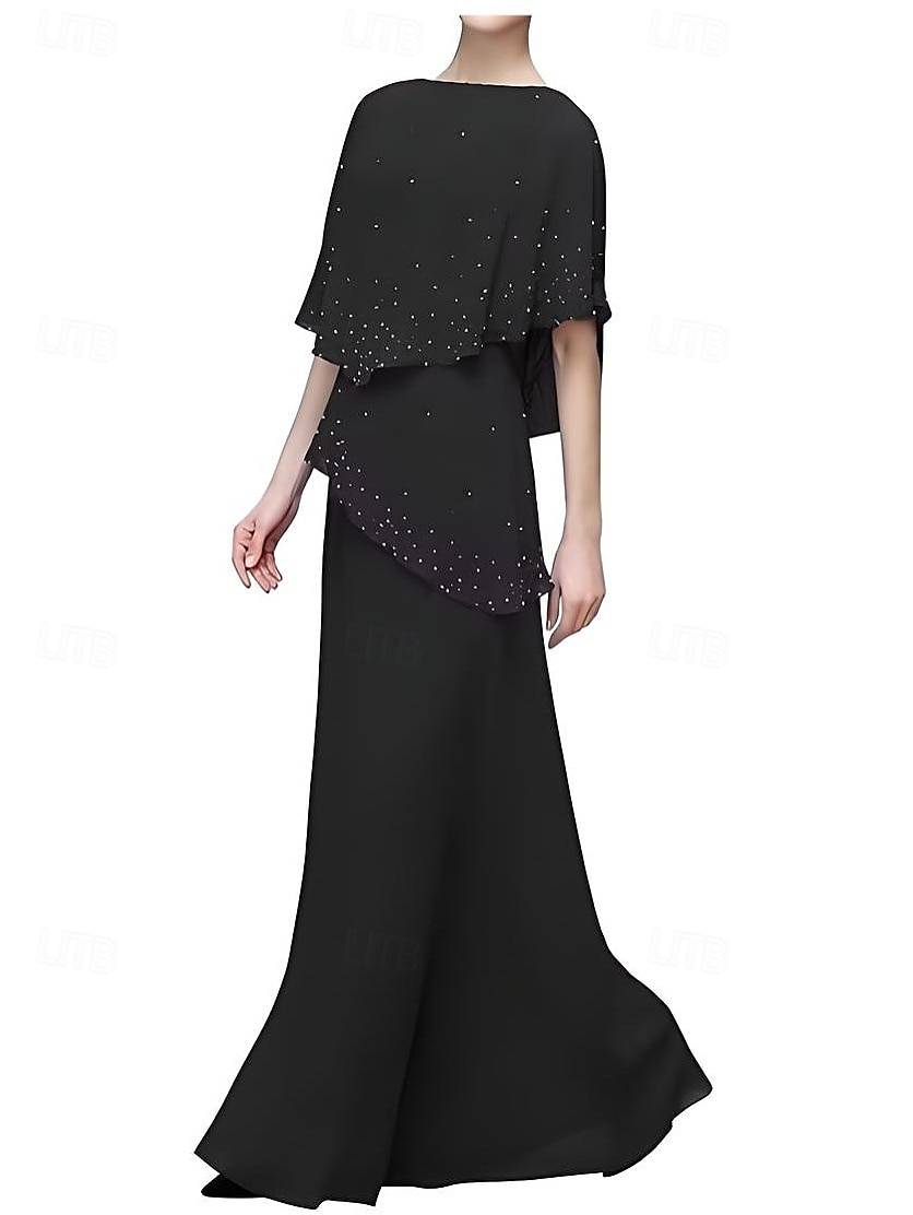 Abito A-Line Madre della Sposa Elegante Semplice Collo Giro Lunghezza Piena Chiffon Maniche Mezze con Ruches in Pizzo del 2025 a $141.99 –P2