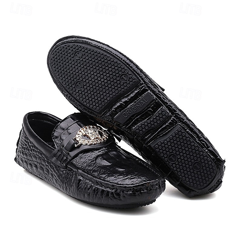 pánské mokasíny z umělé kůže s krokodýlím vzorem – luxusní slip-on společenské boty s kovovým dekorem lva pro formální i neformální příležitosti 2025 - $46.99 –P9