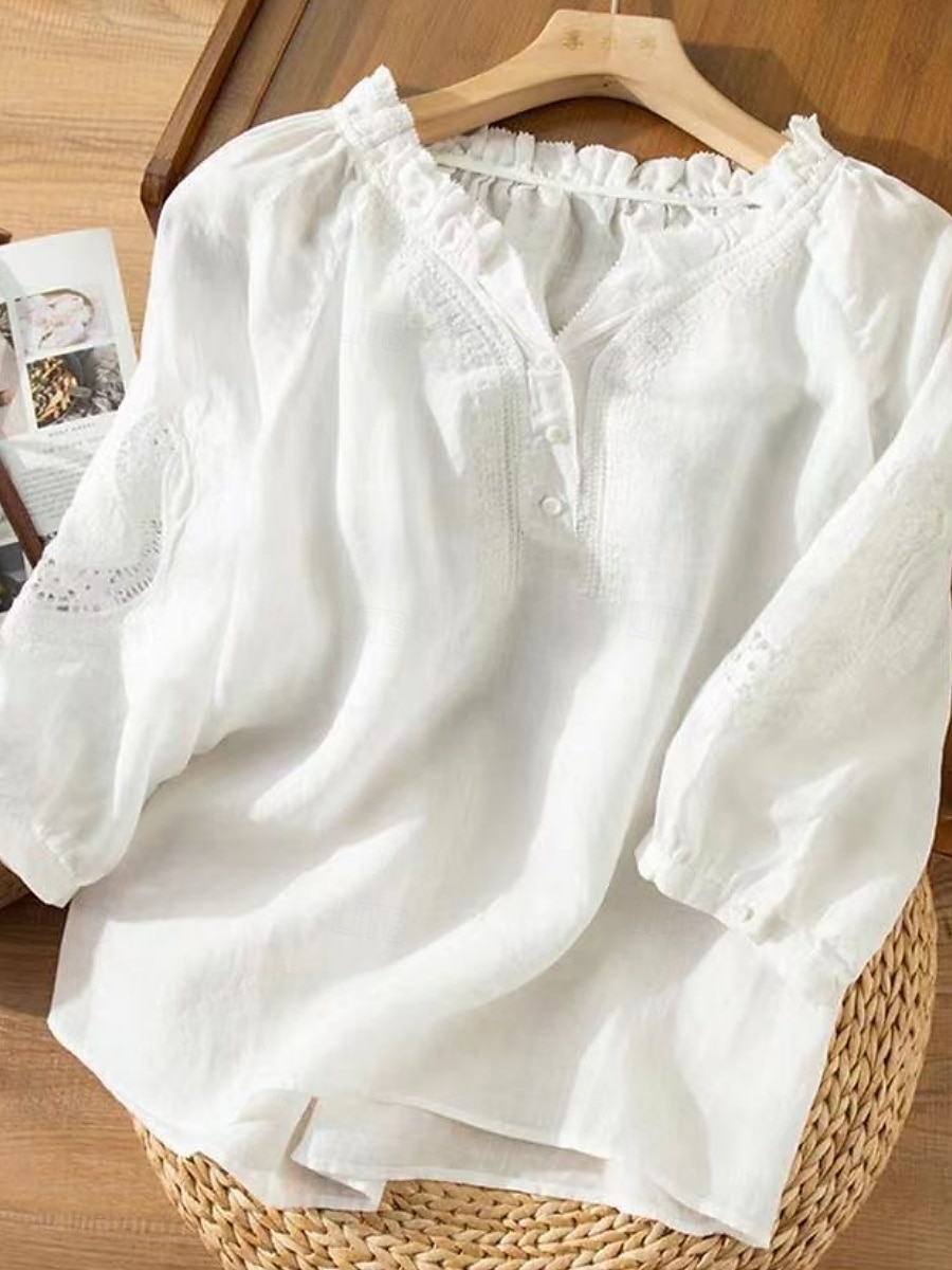 Per donna Camicia Camicie ispirate al lino Blusa Tinta unica Elegante Casual Manica 3/4 Scollo a V Top Regolari Quotidiano Volant Ricamato Bottoni Bianco Blu Estate Primavera Autunno del 2025 a $27.99 –P6
