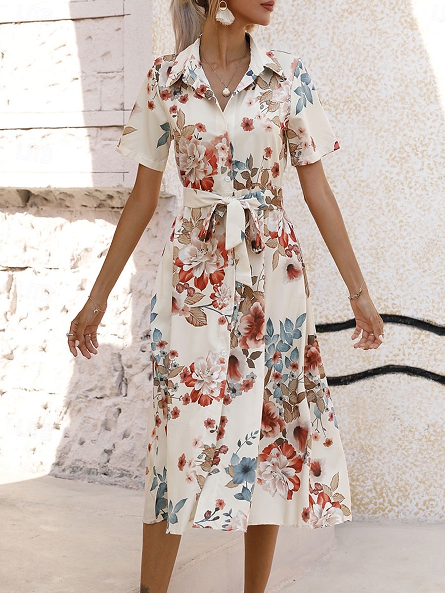 Dames Halflange jurk Casual jurk Elegant Stijlvol Casual Vakantie Dagelijks Normale pasvorm Bloemig Korte mouw Overhemdkraag Abrikoos Licht Blauw Zomer Lente 2025 - AU $48.79 –P4