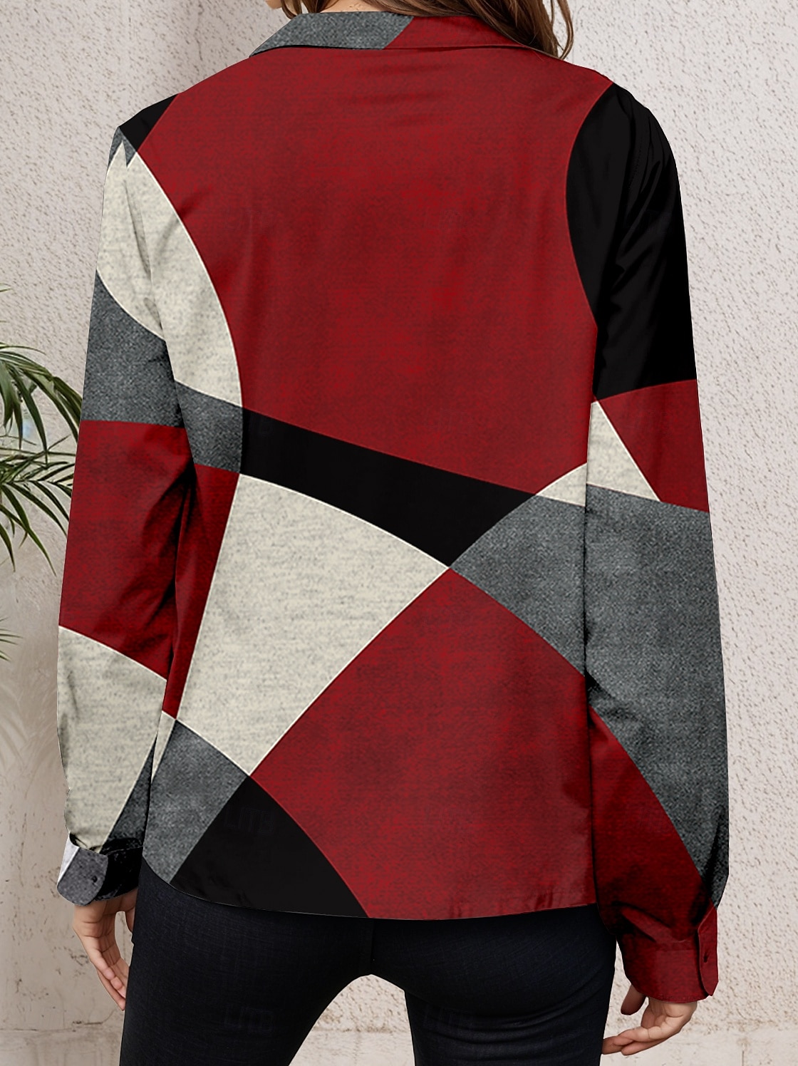Dame Skjorte Grafisk Geometrisk Fritid Lang erme Skjorte Krage Vanlige topper Daglig Lappeteppemønster Knapper Print Vinrød Høst Vinter 2025 - $32.99 –P2