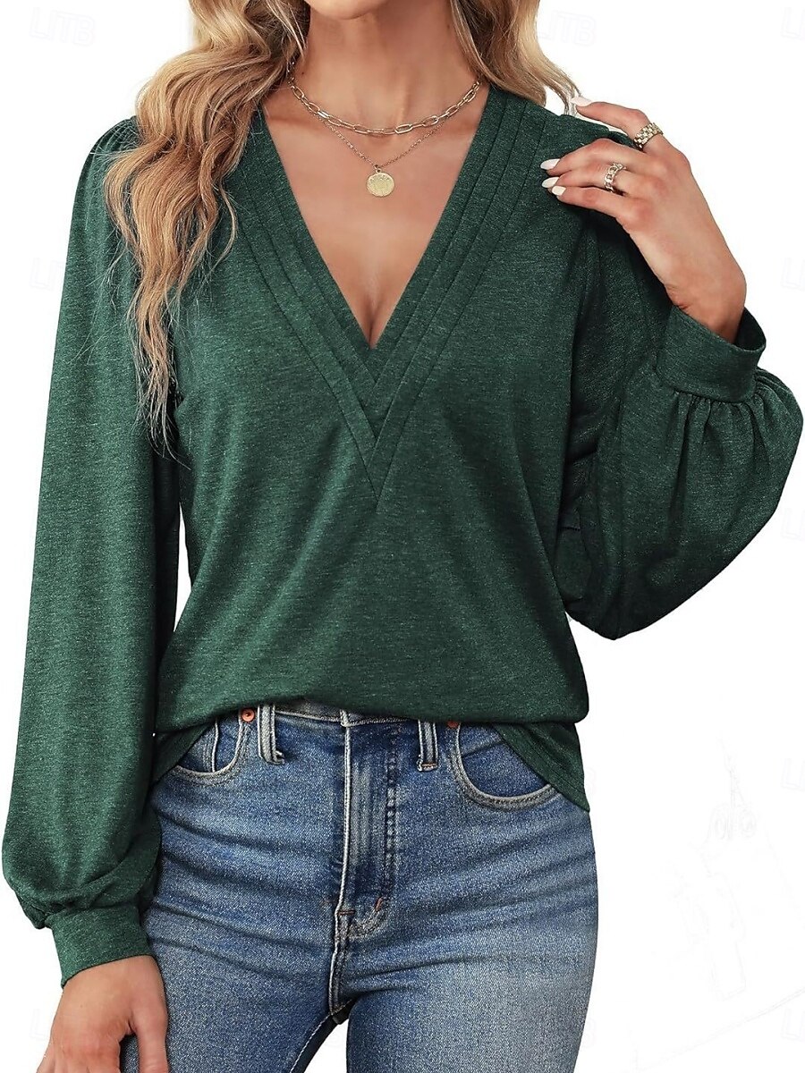Femme Chemise Chemisier Couleur unie mode Décontractées manche longue Col V Hauts réguliers du quotidien Fuchsia Vert Eté Printemps de 2025 ? $28.99 –P5