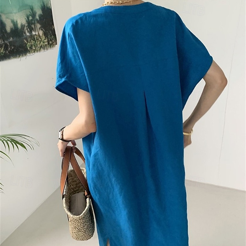 Per donna Abito Lungo Maxi Abito Abiti ispirati al lino Vestito Casual Abito in cotone e lino Elegante Casual Vacanza Quotidiano Data Vestibilità regolare Semplice Manica Corta Scollo a V Blu Estate del 2025 a $26.99 –P4