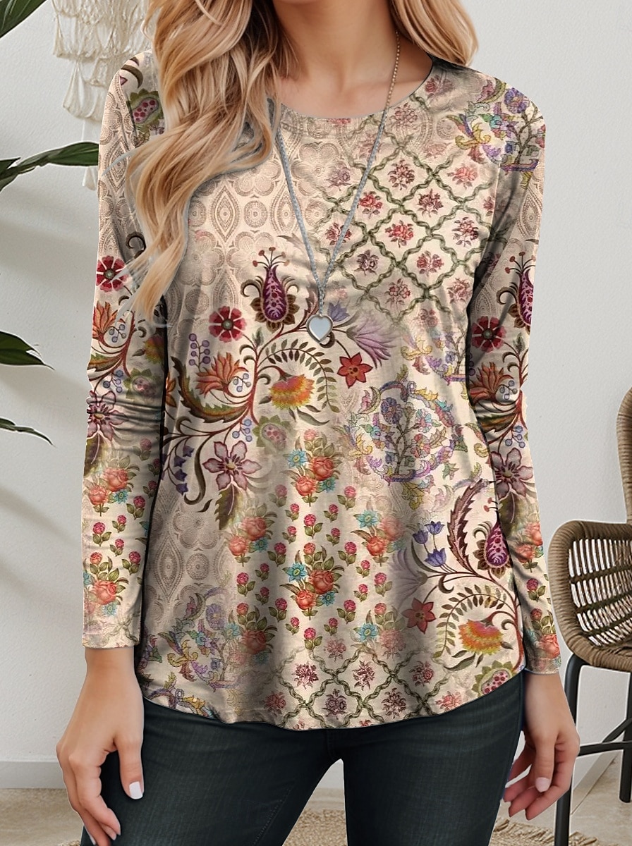 Femmes T-shirt Fleuri Géométrique Occasionnel manche longue Col ras du cou Hauts Réguliers Quotidien Imprimé Kaki Printemps Automne de 2025 ? $22.99 –P1