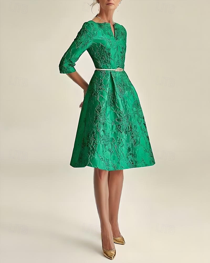 Robe mère de la mariée A-Line élégante minimaliste à col en V longueur thé en jacquard à demi-manches avec ceinture embellie robe de jour de course robe invitée de mariage de 2025 ? $190.99 –P2