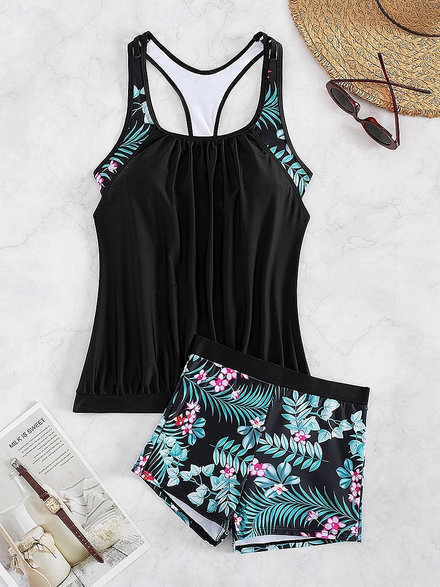Dam Badkläder Tankini 2 st Shorts Baddräkt Öppen rygg Magkontroll Hög midja Smal Semester Standkläder Blommig Grafisk U-hals Ärmlös Baddräkter 2025 - $26.99 –P4