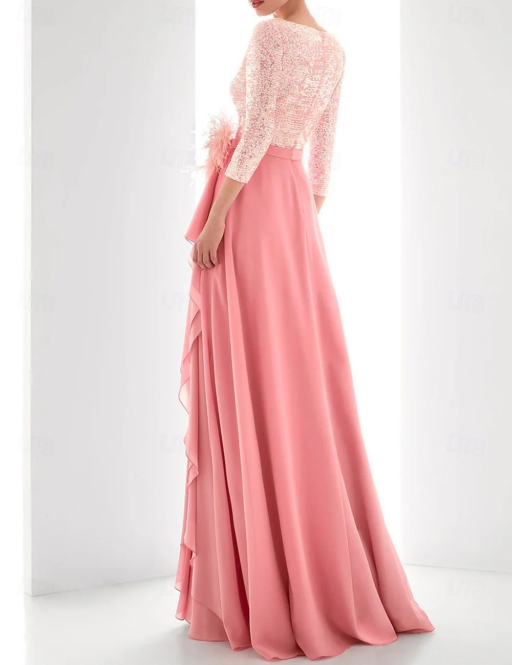 A-linje Sequin Kvällsklänning Elegant Klänning Formell Asymmetrisk Långärmad Hög Nacke Chiffon med Fjädrar Pärlor Maskeradklänning 2025 - $171.99 –P2