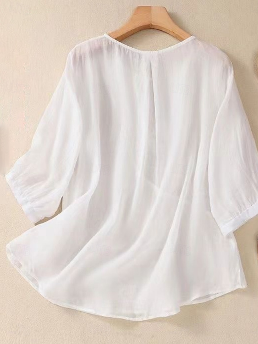 Dame Skjorte Bluse Skjorter i bomullslin Helfarge Grunnleggende Fritid 3/4 ermer Crew-hals Vanlige topper Daglig Broderi Hvit Rosa Blå Kakifarget Sommer Vår 2025 - $21.99 –P4