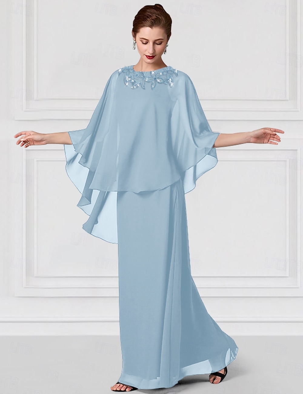 Abito per la madre della sposa blu a colonna matrimonio elegante lungo fino al pavimento in chiffon pizzo maniche corte wrap incluso con pizzo di colore solido del 2025 a $160.99 –P1