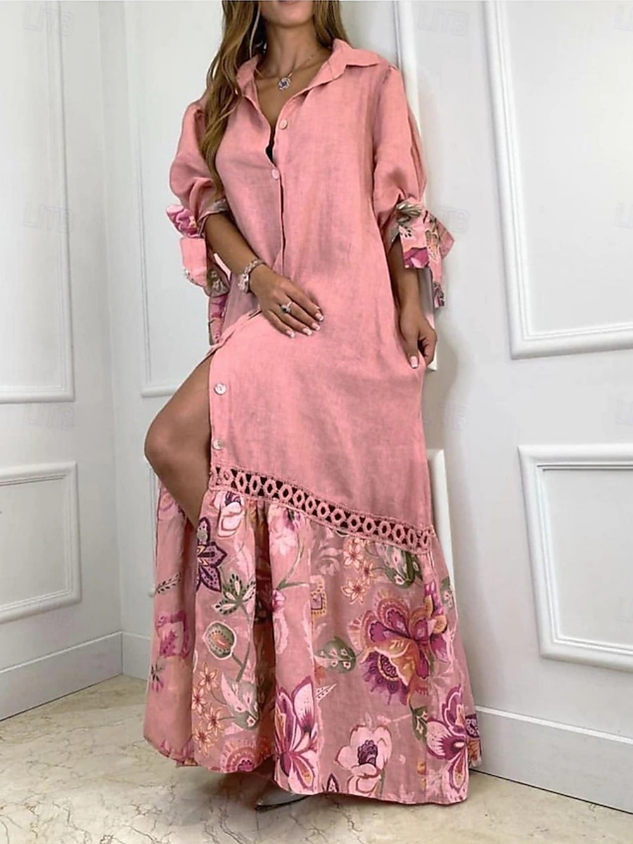 Pentru femei Rochie Maxi Rochii de in bumbac Rochii Tip Cămașă Rochie casual Casual Vacanță Zilnic Fit regulat Floral Lungime Manșon 3/4 Guler Cămașă Alb Roz Îmbujorat Albastru celest Mov Vară 2025 - $36.99 –P1